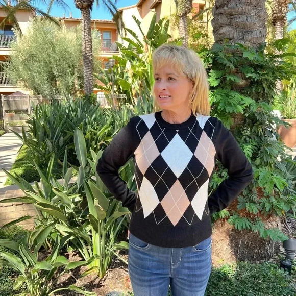 Argyle Pattern Crewneck Sweater Long Sleeve Black Multicolor Stretchy Material - Picture 3 of 7